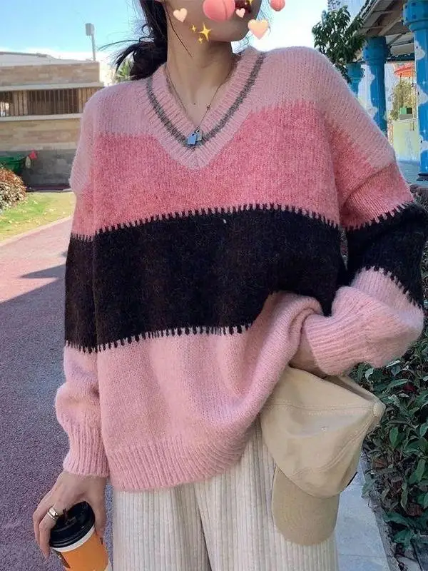 Pink Gradient Loose V-Neck Knitwear Women's Lazy Style Base Layer Outerwear Autumn Winter Slimming Versatile Bottoming Top
