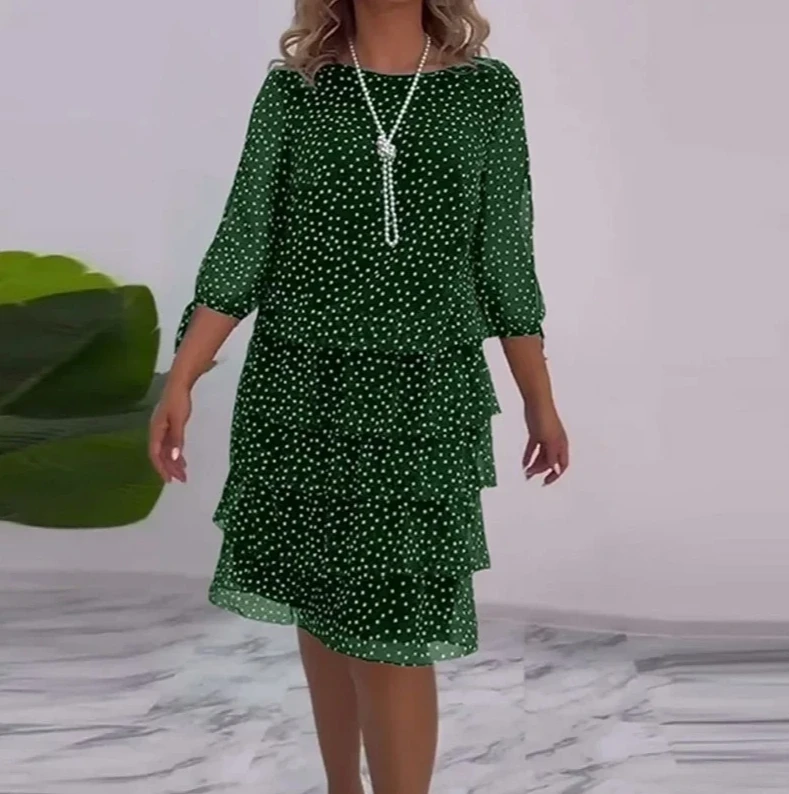 

Spring Polka Dot Cake Dress for Women - Elegant Ruffled Party Dress with O Neck, Back Button & 3/4 Sleeve Tie-Up Hollow Detail