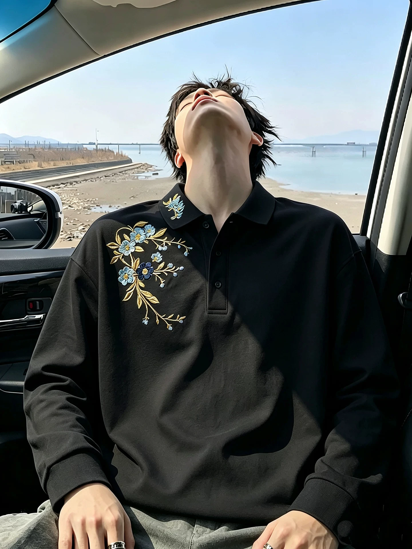 Elegant Embroidered Long Sleeve Men's  Shirt Golden Branch Plum Blossom Design Heavyweight Structured Casual Fashion