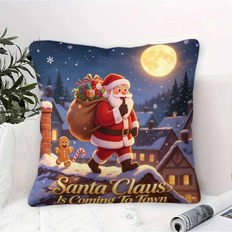 45x45cm 1Pc Square Throw Pillow With Insert,Multi-Scene Decoration,Christmas Gift,Santa Sleigh Reindeer Gingerbread Man HD Print
