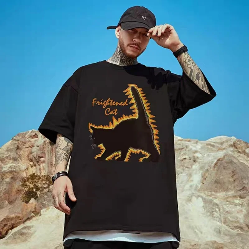 ZAZOMDE 2025 Street Vintage Anime Cat Print Short Sleeve T-shirt Men Goth Harajuku Fashion Couple Casual Loose Sports T-shirt