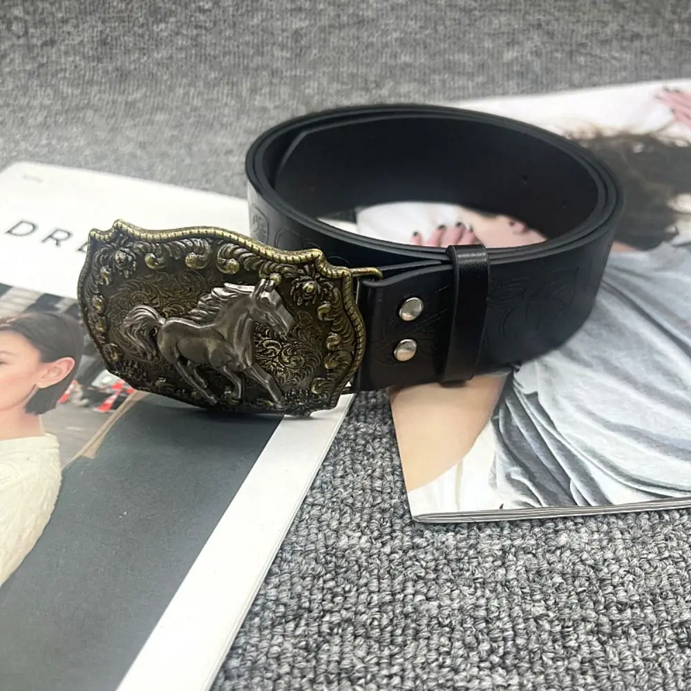 Women Man Y2K Punk Rock Belt Hip Hop Harajuku Horse Head Buckle Belt Leather Embossed Belt