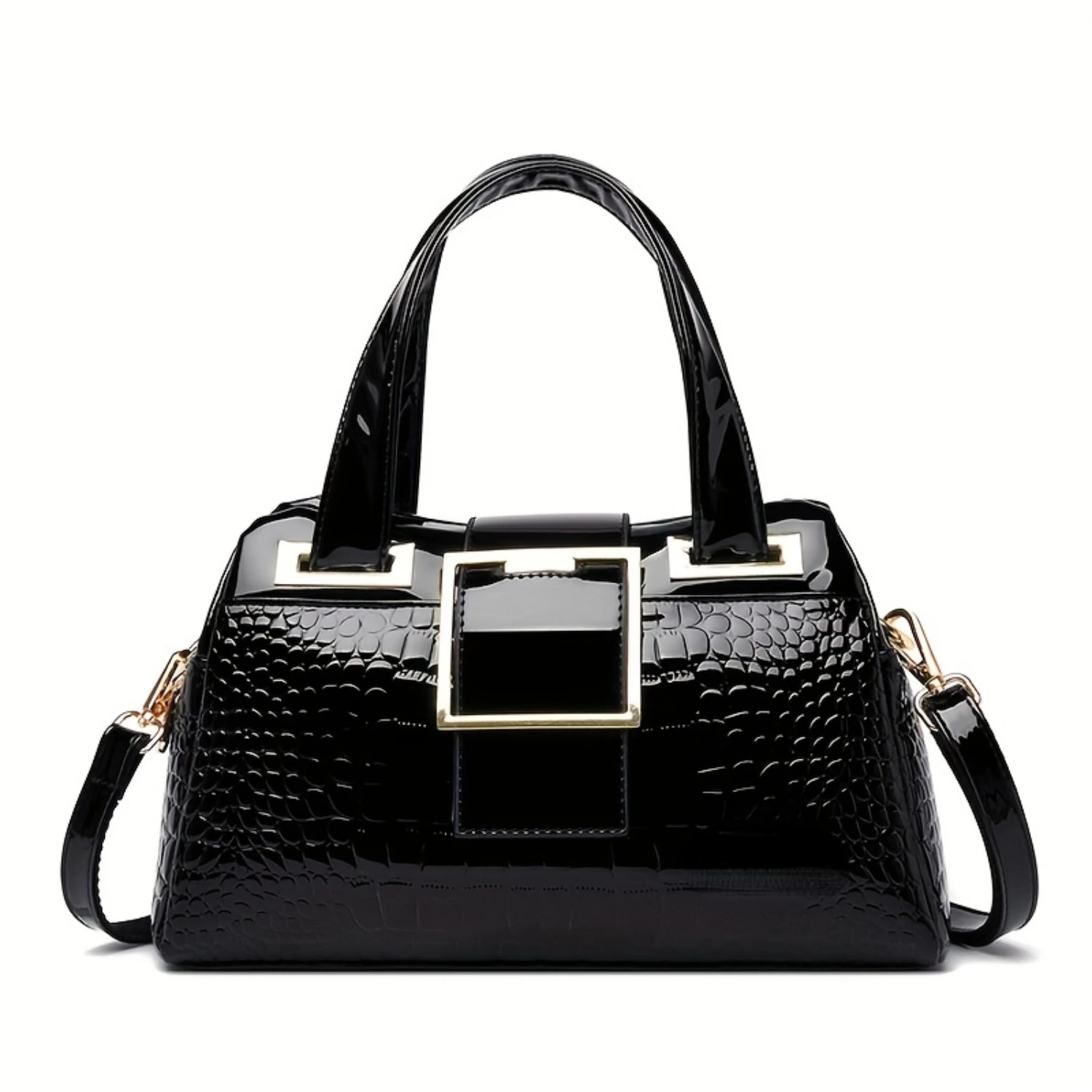 Crocodile Texture Womens Leather Shoulder Bag - Premium Patent, Buckle Detail, Versatile Crossbody