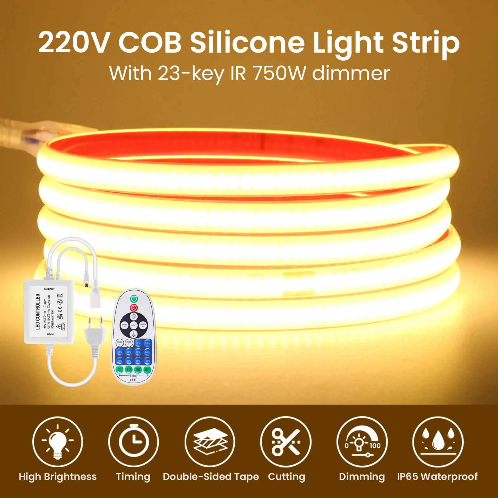 

220 В COB светодиодная лента высокой яркости 288 светодиодов/м гибкая лента с регулируемой яркостью IP65 водонепроницаемая светодиодная лента FOB для освещения комнаты и сада