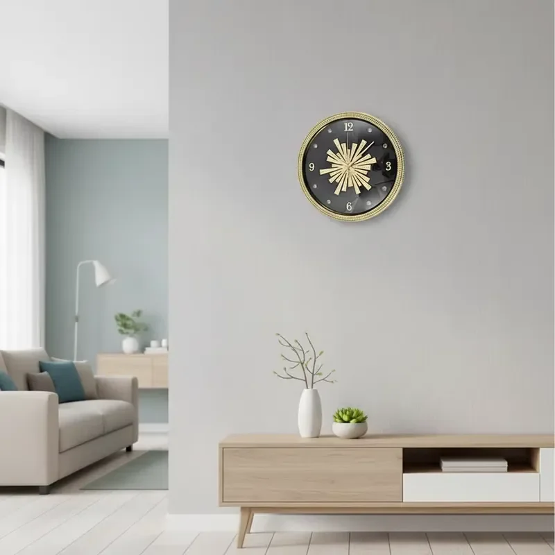 Modern Silent Round Wall Clock Gold Brass Frame Digital Display Home Living Room Decor Minimalist Design Quiet Operation