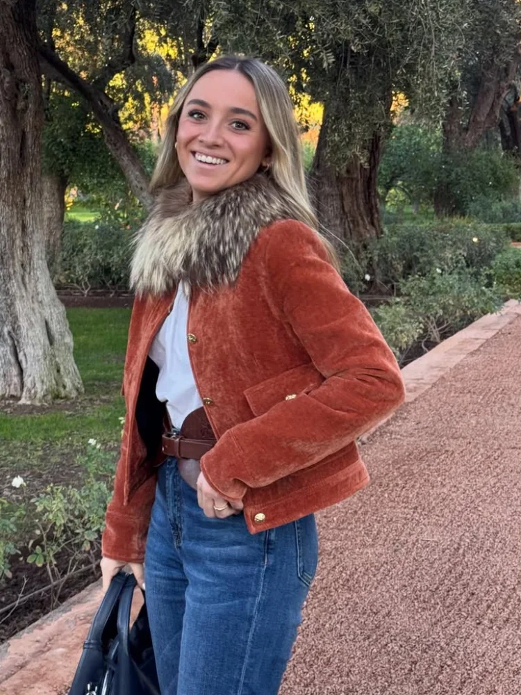 

Шикарная оранжевая бархатная короткая куртка женская повседневная однобортная однобортная куртка с лацканами и длинными рукавами свободные укороченные куртки 2025 женская уличная одежда