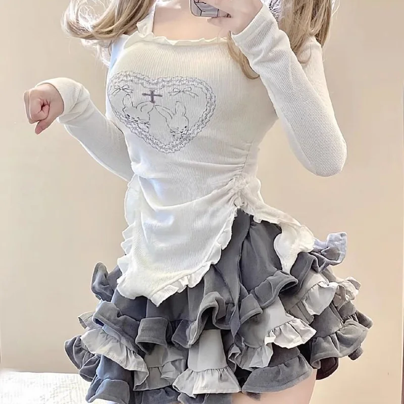 JK Two-Piece Costume Play Sets Women Ruffle Irregular Ball Gown Tierred Gray Skirt and Chic White Fashion Slim Tees Set Dress