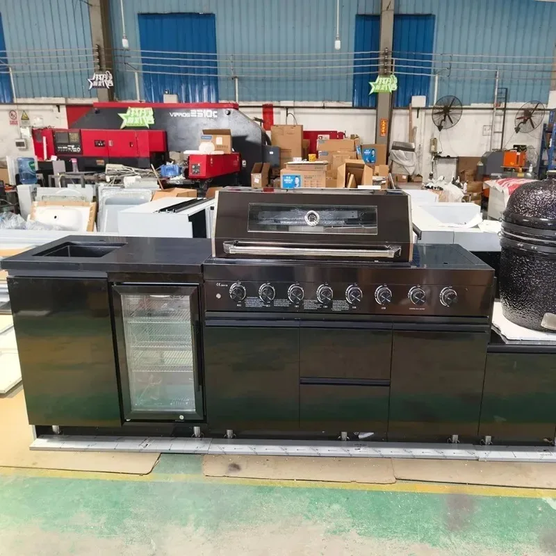 High Quality SS304 Black Outdoor Kitchen with 68L Fridge Sink 6-Burner BBQ   Grill for Outdoor Cooking and Barbecues