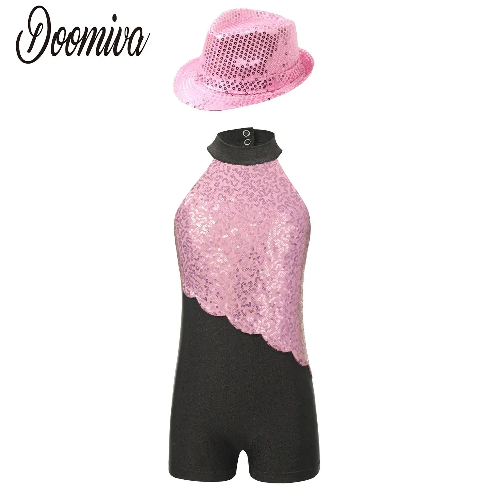 

Girls Jazz Ballroom Dance Outfit Performance Costume Set Sleeveless Sequin Strappy Back Leotard with Shiny Hat Tango Dancewear