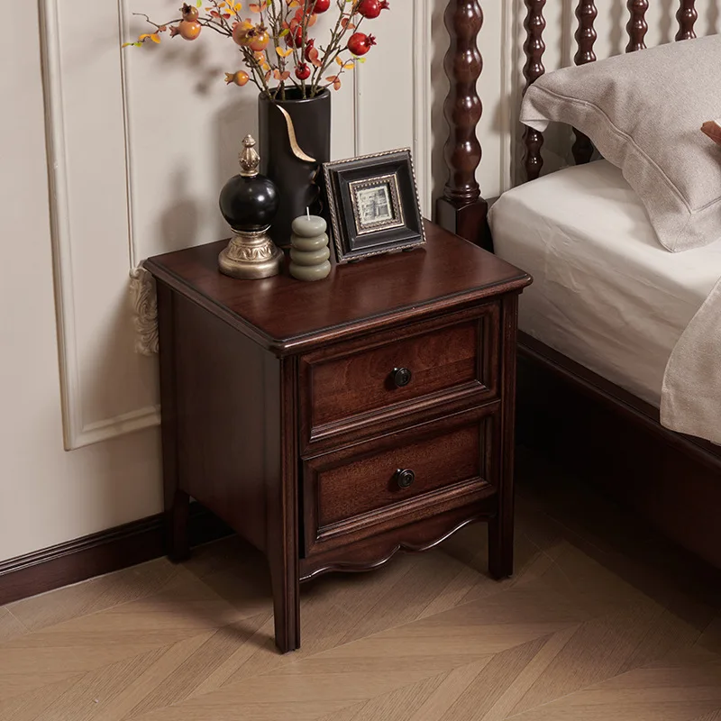 Mid-century Modern Nightstands Solid Wood Vintage Cherry Color Two Drawers French Classic Bedroom Bedside Cabinet