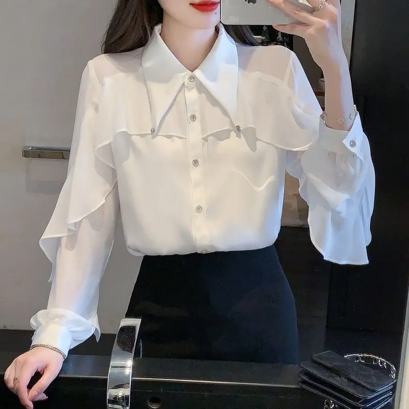 White Long Sleeved Chiffon Shirt for Women in Early Spring and Autumn 2024 New French Style Top