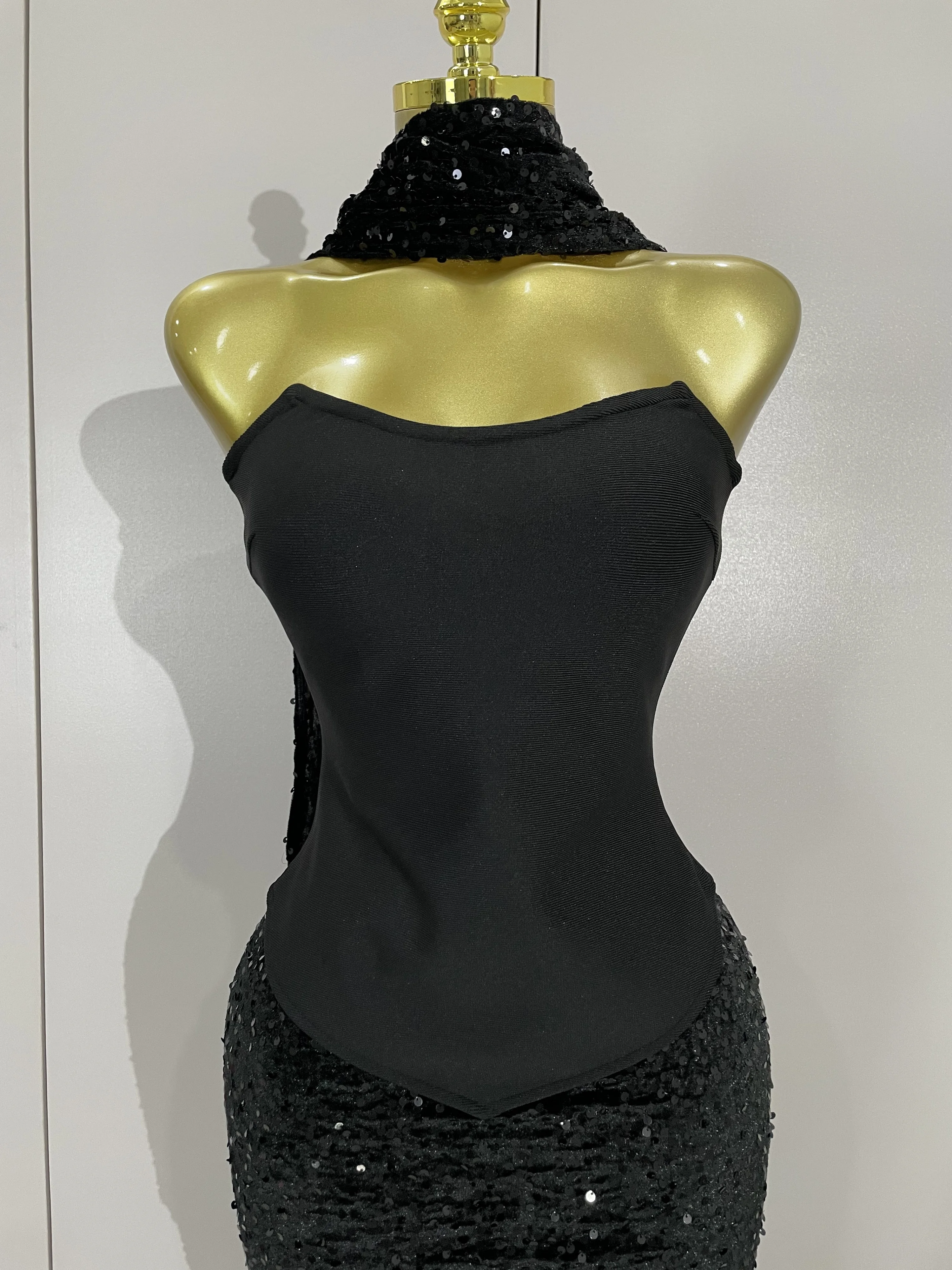 Błyszczący Cekinowy Seksowny Bez Ramiączek Czarny Maxi Długi Bandage Trzyczęściowy Zestaw 2025 Kobiety Eleganckie Wieczorowe Klubowe Imprezowe Urodzinowe Suknie Balowe