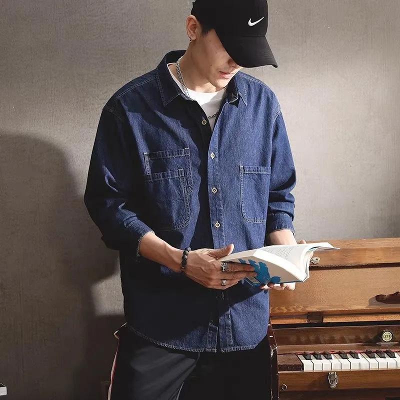 Primavera ruffian bonito denim ferramentas camisa de manga comprida masculina ins na moda versátil casual americano retro camisa jaqueta