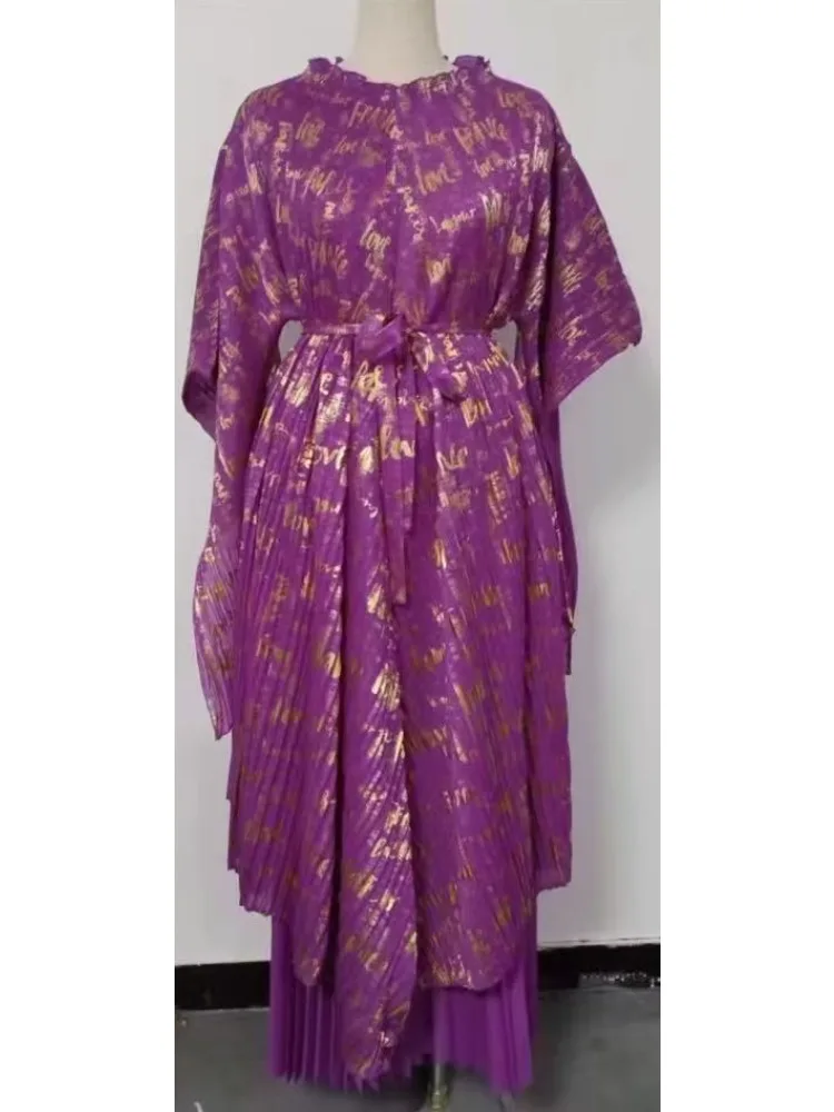 

Miyake Fashion Print Pleated Skirt Set Temperament Commuter Dress New Bat Sleeve Top Two-piece Set