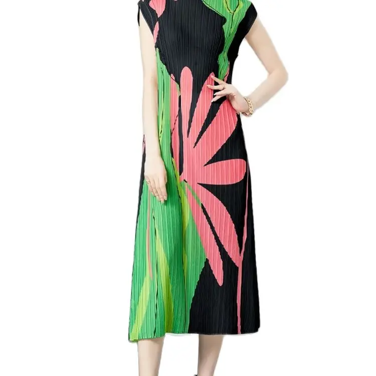 

TRAF Summer Holiday Floral Print Miyake Long Pleated Dress Women Clothing Sleeveless High Stretch Straight Draped Loose Vestidos