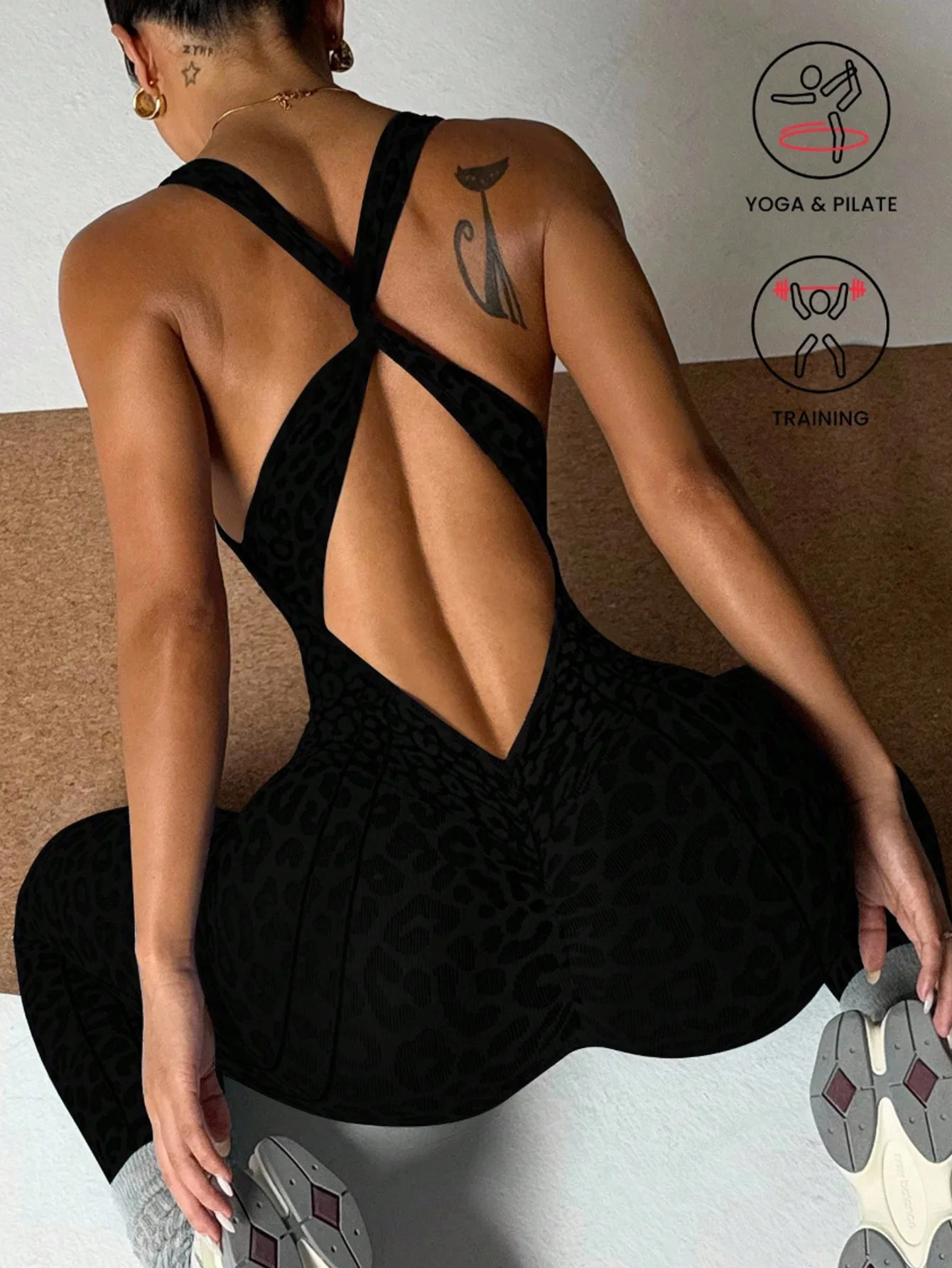 Nahtloser Damen-Jumpsuit mit Leopardenmuster, überkreuztem Rücken, Po-Lifting-Effekt, Yoga-Bodysuit, hochelastischer Workout-Fitness-Catsuit – Detail 13