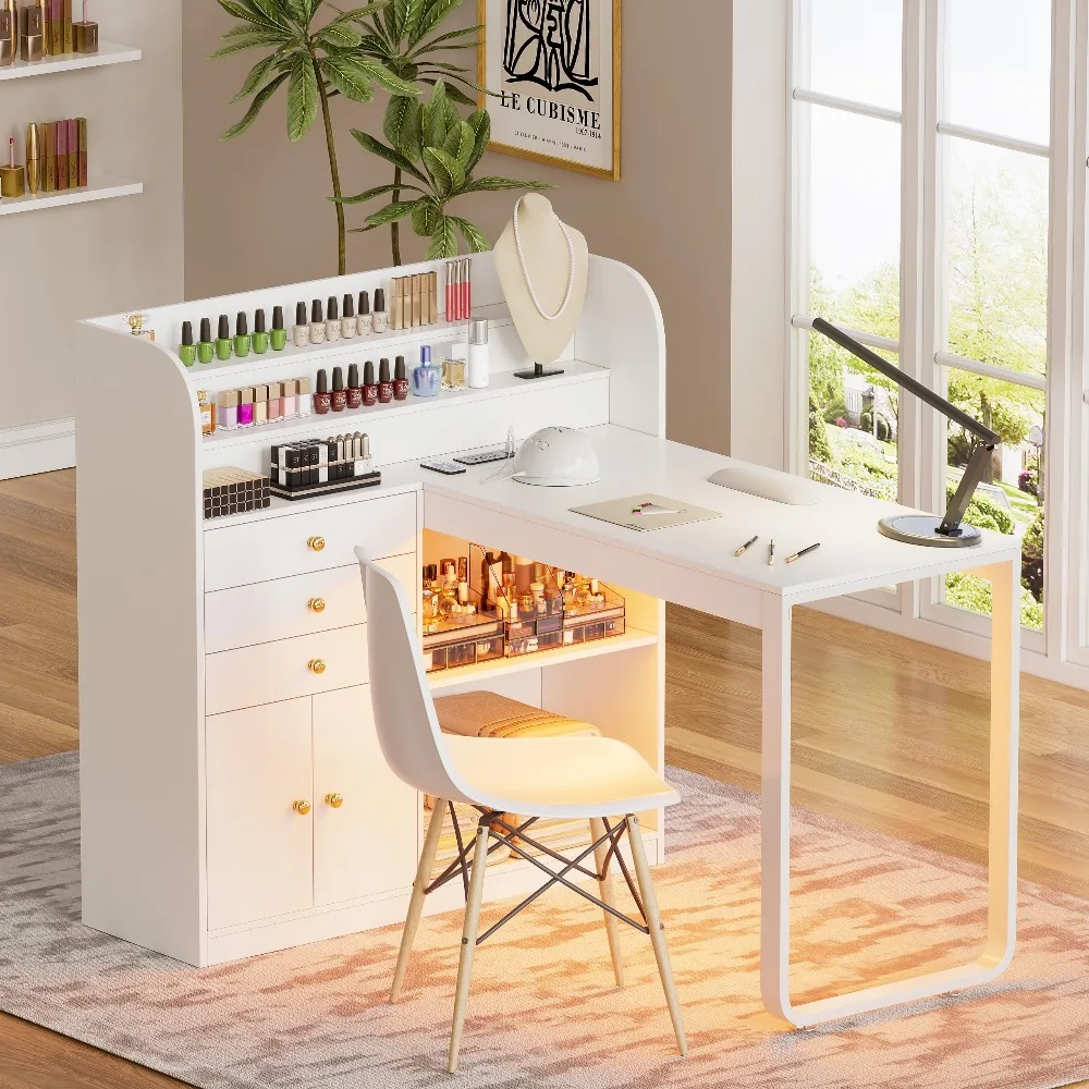 L-Shaped Manicure Table with Shelves, Nail Table Desk w/Storage Drawers & Cabinet