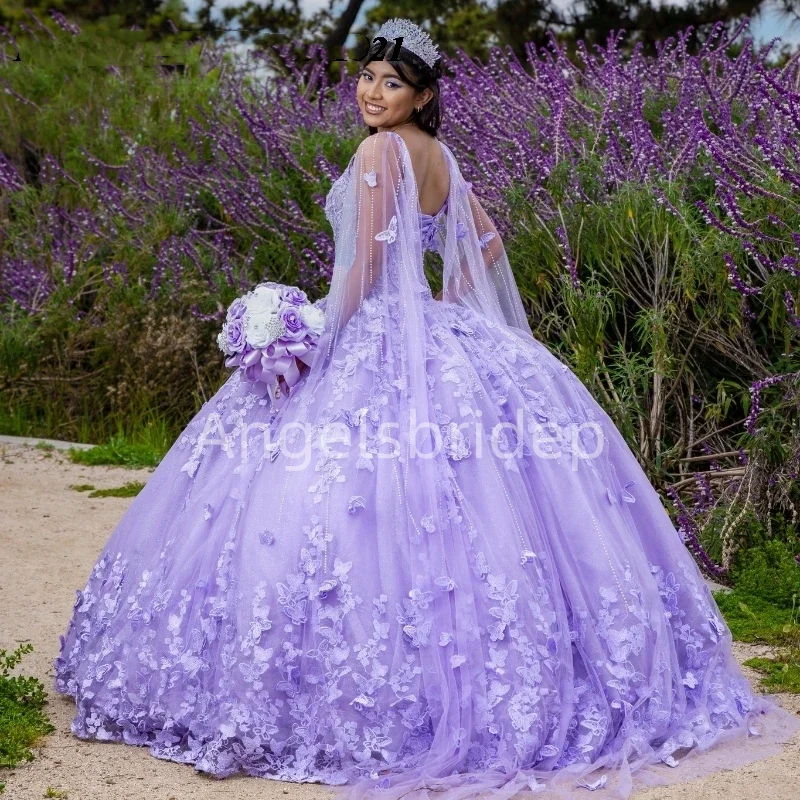 Angelsbride Ball Gown 15 Year Old Quinceanera Dresses Lavender Lace Appliques Butterfly Cape Formal Birthday Vestidos De Festa