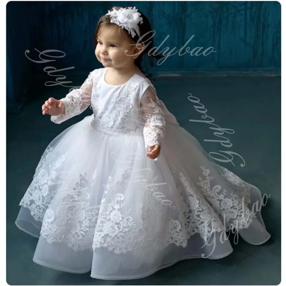 White Lace Flower Girl Dresses Full Sleeve Baby Girls 1st Birthday Wedding Party Dress Toddlers Pageant Communion Ball Gowns