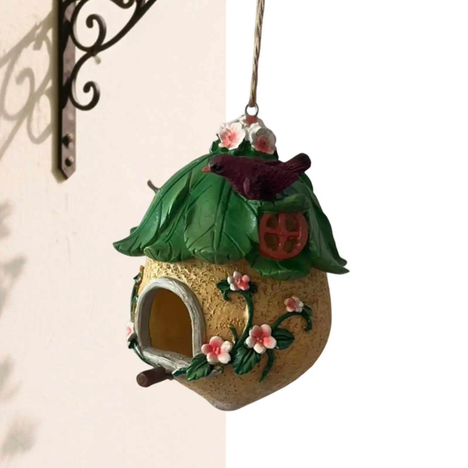 Bird House with Flower Waterproof Resin Leaf Roof Nesting Box Outside Wild Bird Houses Nest Feeder for Hummingbird Sparrow Robin