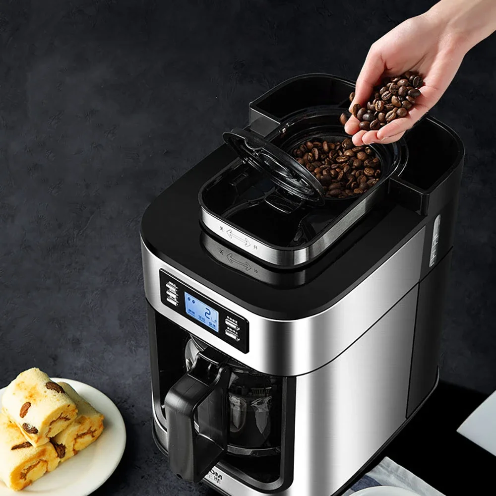 2 In1 Drip Coffee Maker Compatible Ground Coffee Beans  Automatic Stainless Steel Coffee Maker Machine Digital Display Keep Warm