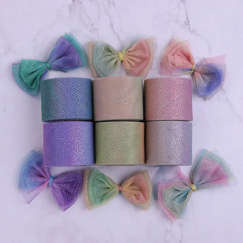 6cm 5Yards Rainbow Tulle Colorful Iridescent Mesh Ribbon DIY Headband Pom Baking Gift Wrapping Material Party Event Decoration