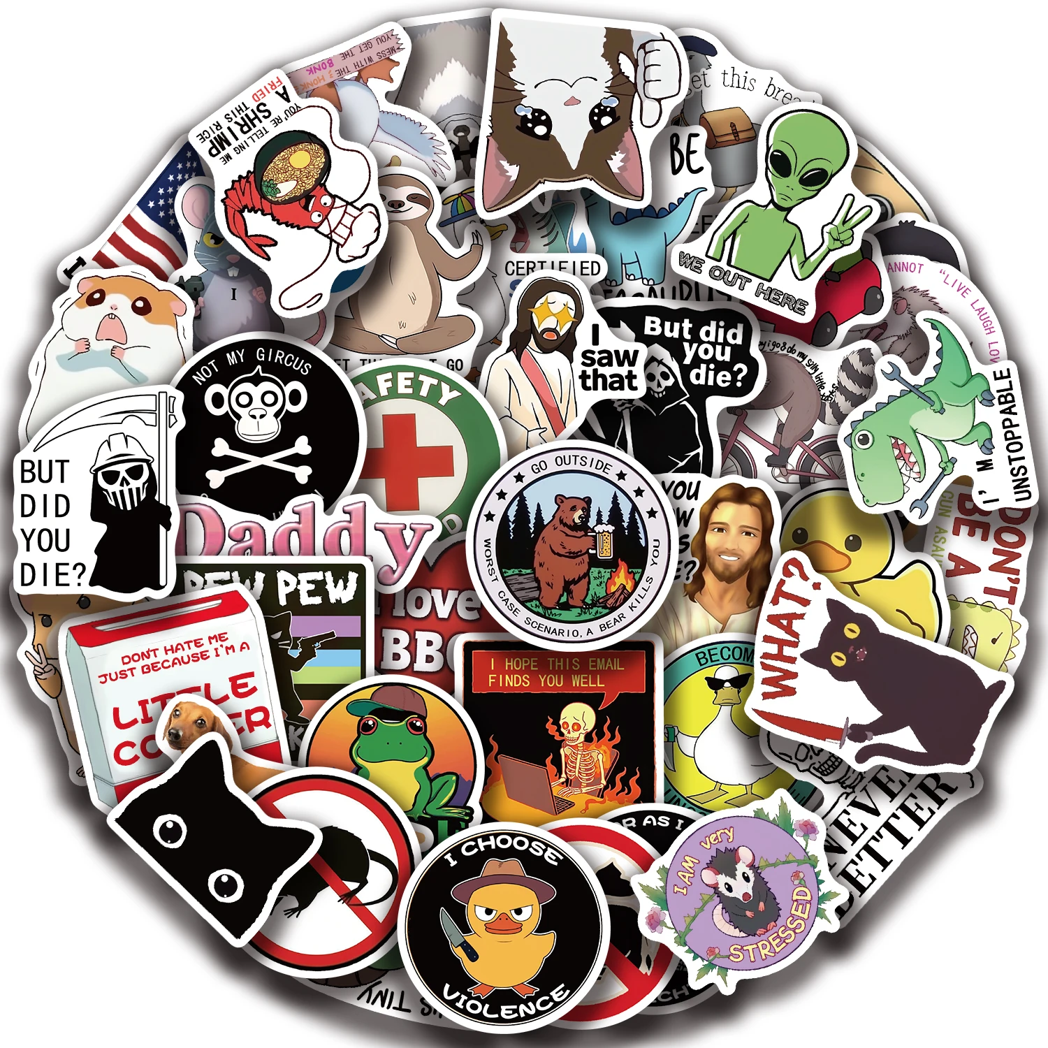 50pcs Funny Spoof Aesthetics Stickers For Skateboards Phones Guitars Motorcycles Cars Laptops Vinyl Waterproof Stickers