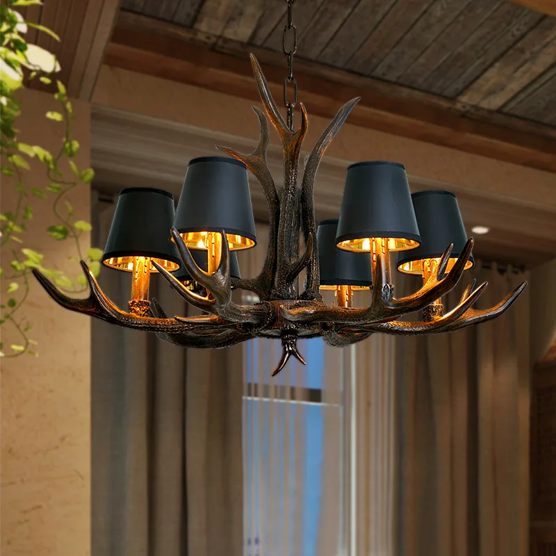 Retro Geweih LED Kronleuchter Tisch Esszimmer Wohnzimmer Küche Schwarz Stoff Dekor Pendelleuchte Rustikale Innenbeleuchtungskörper