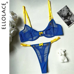 Ellolace Tulle Sexy Lingerie Set Fantasy Outfits Contrast Color Bow Crystal Pendant Ensemble French Underwear Onlyfans Bra Set