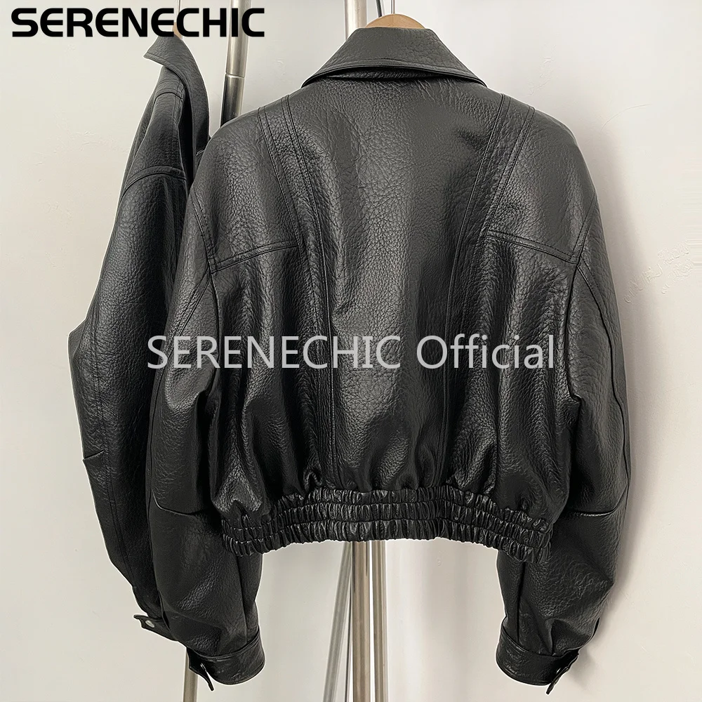 SERENECHIC Textured PU Aviator Coat with Elastic Hem Women's Black Cropped Faux Leather Jacket New Vintage Outerwear Female
