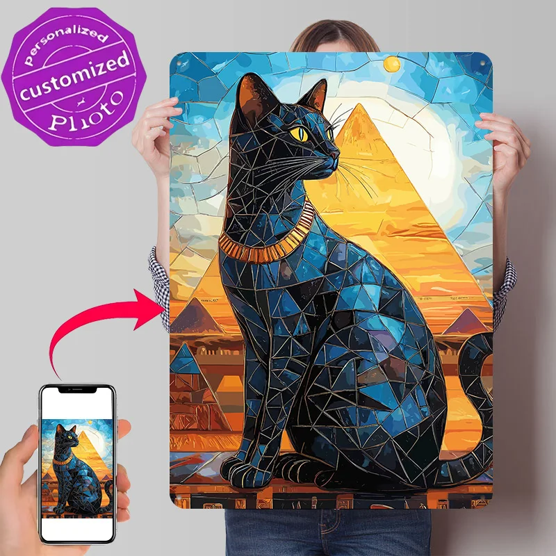Egyptian Cat With Pyramids Metal Poster Perfect Gift for Fans Lovers Customized Wall Art Metal Sign for Bedroom Decorations Room