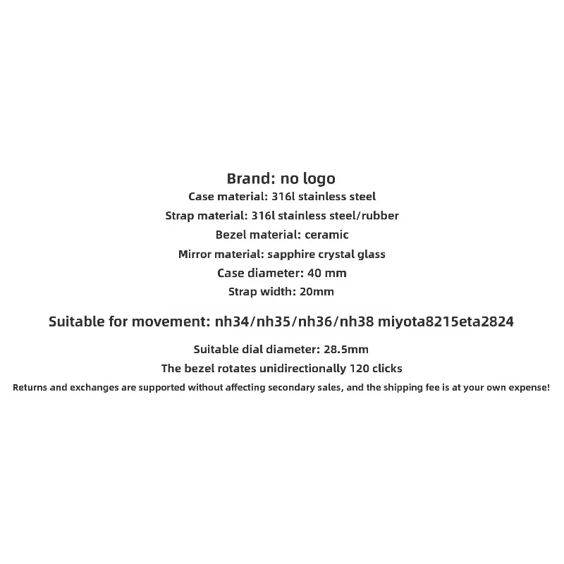 نموذج معدل لساعة NH35 316L من الفولاذ المقاوم للصدأ بتقويم زجاج الياقوت لمقرص 28.5 ملم