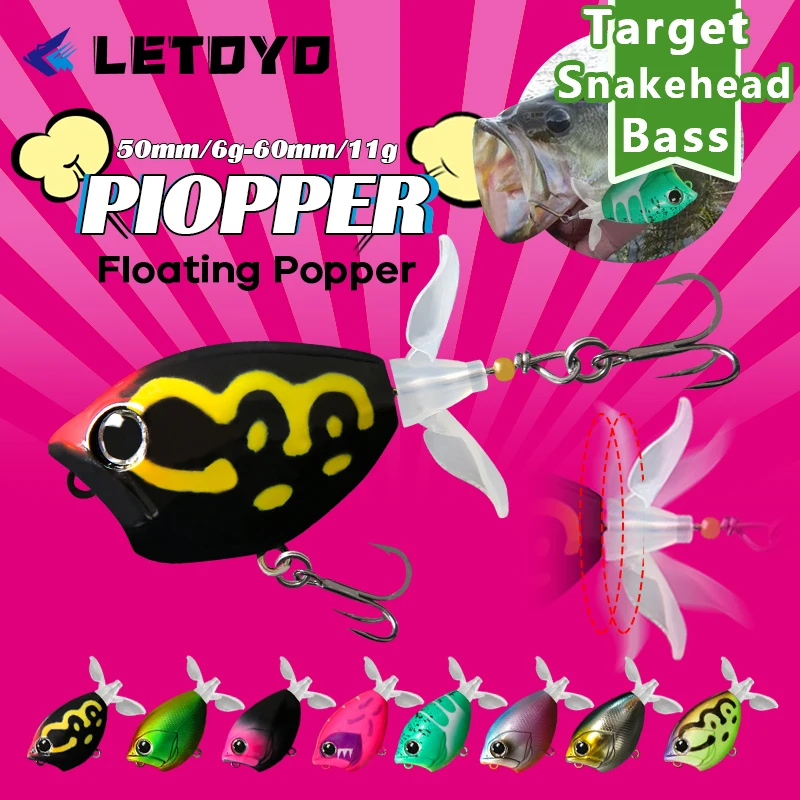 LETOYO 50 mm 60 mm schwimmender Popper-Köder Topwater rotierender Propeller Hartköder für Bass Black Fish