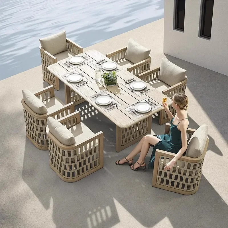 Outdoor tables and chairs courtyard teak dining table homestay waterproof outdoor open-air garden old creative solid wood rattan