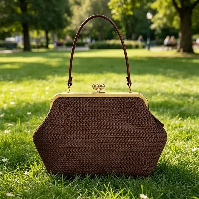 Luxuriöse Unregelmäßige Damen-Schultertasche, Sommer Strand Stroh Muschel-Handtasche Marken-Großraumtasche mit Clipverschluss Elegante Abendtasche – Detail 3