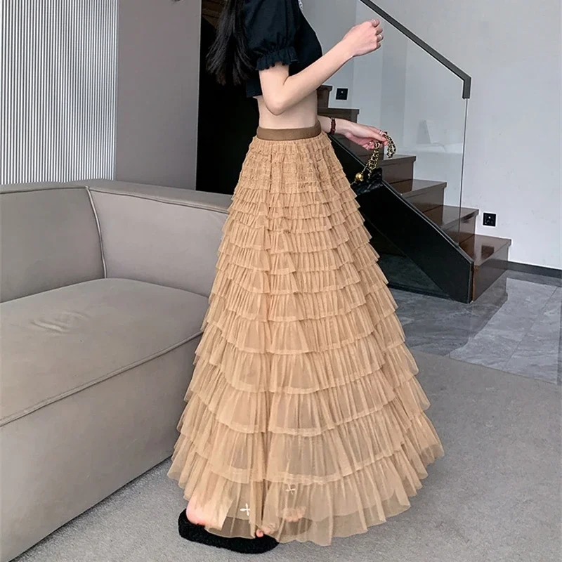 Mesh Chiffon Skirt Spring Autumn Dress 2024 Women's Fashion Prom Maxi Mid-Length Cake Skirt Chic Evening Midi Fairy Skirt