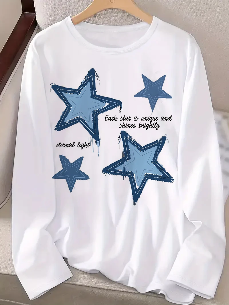 เสื้อยืดพิมพ์ลายดาวสีน้ำเงินสไตล์ฮิปฮอปสำหรับผู้หญิง แขนยาว คอกลม ใส่สบายๆ สำหรับฤดูใบไม้ร่วงและฤดูหนาว