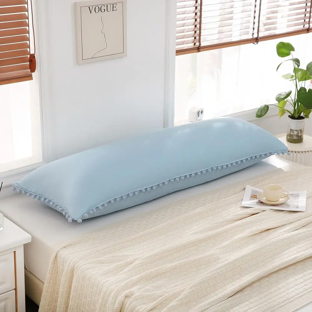 غطاء وسادة للجسم باللون الأزرق السماوي مقاس 20 × 54 بوصة بوهو شيك بوم بومس هامش ديكور غطاء وسادة للجسم مع إغلاق الجيب (الجسم، أزرق سماوي