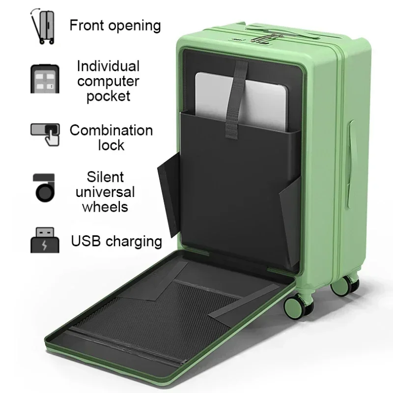 Maleta multifuncional abierta delantera de primera clase, venta al por mayor, con carga USB y portavasos, juego de equipaje de mano