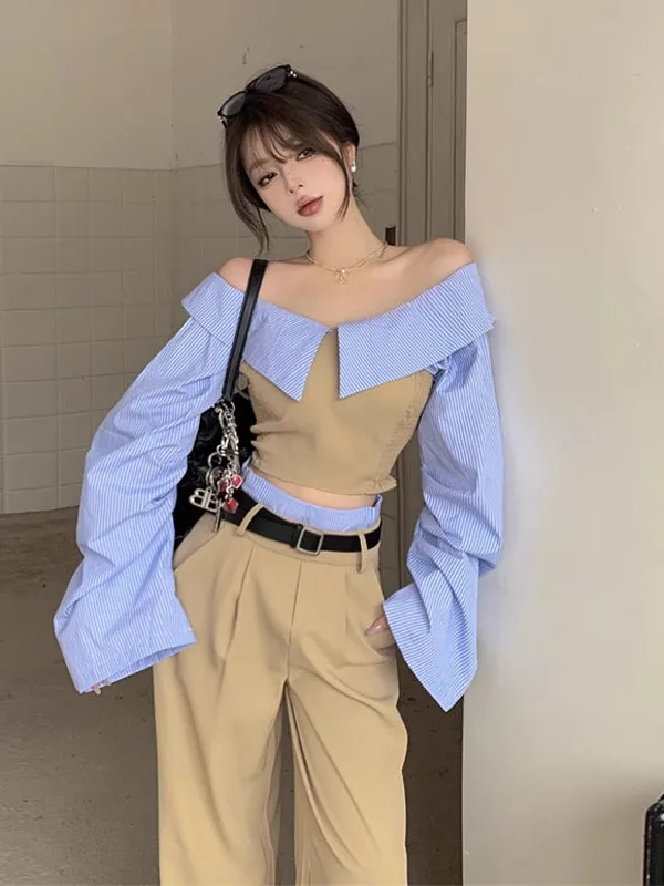 

2025 Pure Desire Sle Long Sve irt And High Waist Pants Striped Splicing Tube Top Two-Piece Set for Young Women