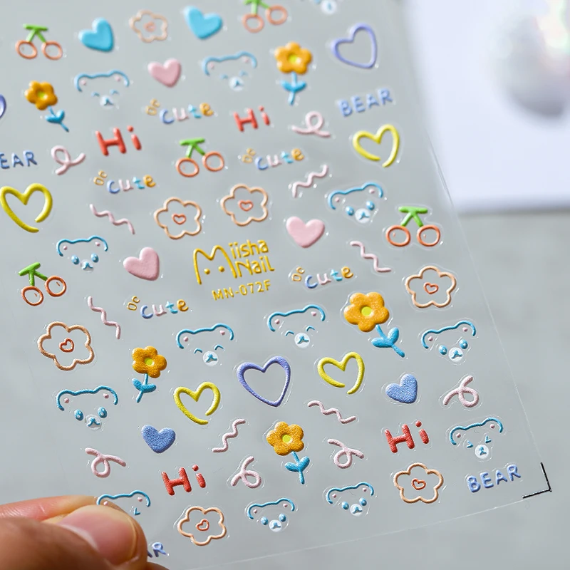 1pc Rainbow Line Flower Nail Sticker Embossed 3D Heart Love Adhesive Stickers Colorful Celestial Nails Decals For Manicure Decor