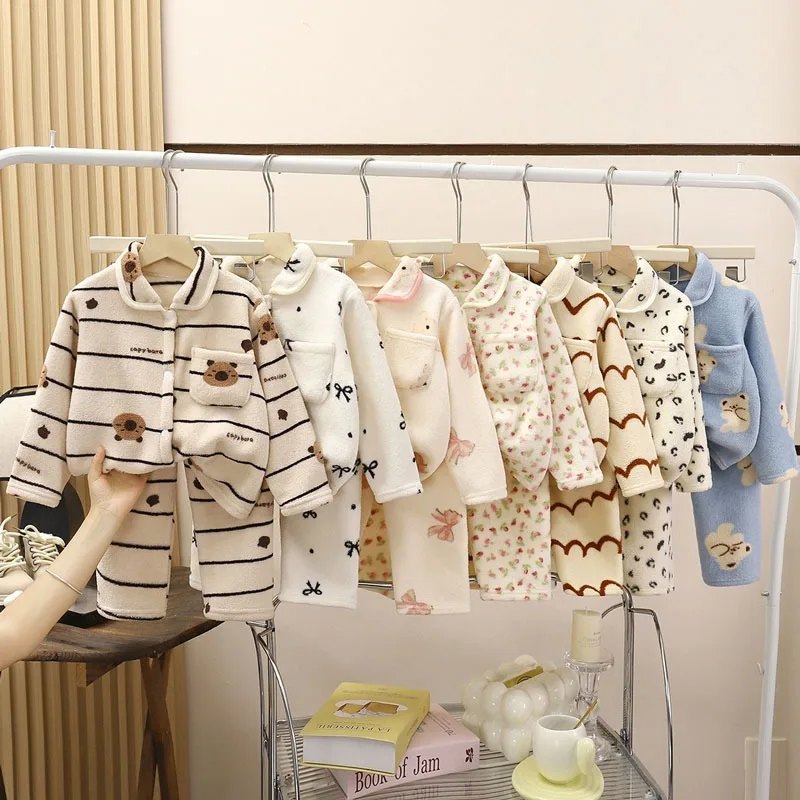 

Children Pajamas Set Winter Fleece Thickened Sleepwear for Boys Girls Warm Homewear Teenager Cardigan Set Baby Pijama 1-10T