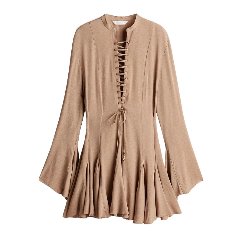 Ele V-Ne ロングスリーブ ハイウエスト Aライン オルト ドル レディース ファッション 春夏 ポリエステル繊維 ベルスリーブ ドル