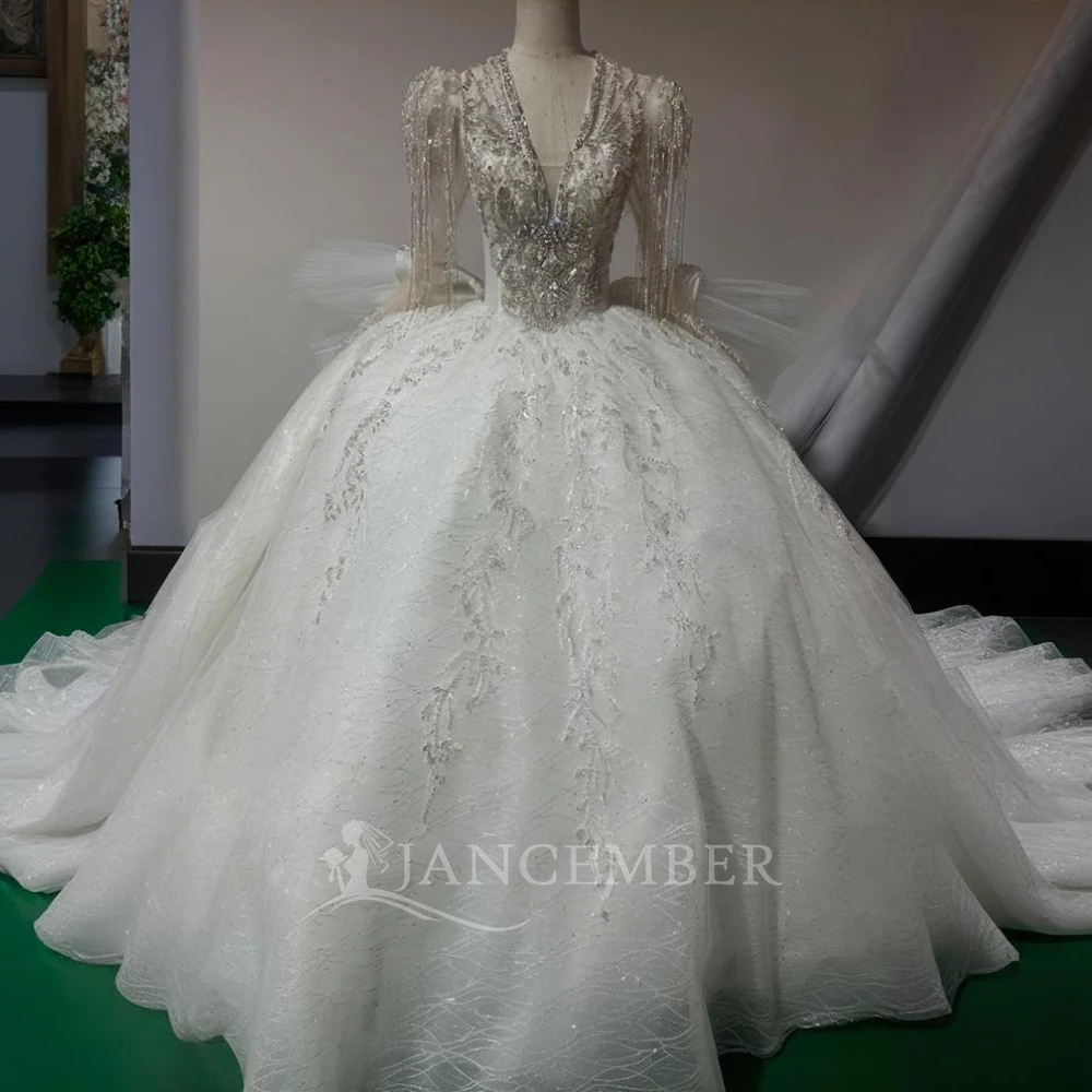 

Wedding Dresses For Women Ball Gown Long Sleeve Beading Customized Flowers V-neck Princess Wedding Gown Vestidos De Novia