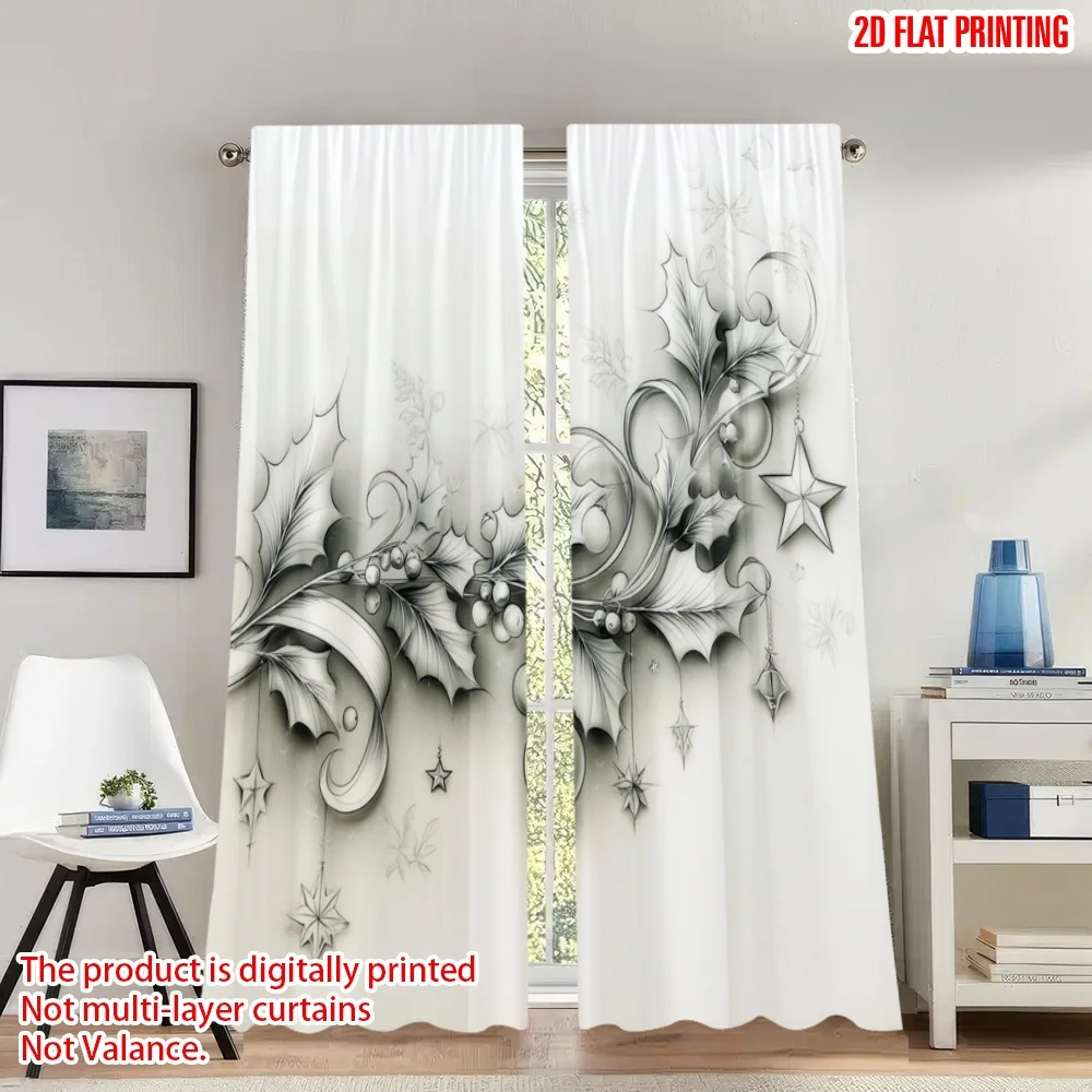 

2pcs 2D flat printing Christmas Party Curtains Christmas Holly Poinsettia Ornaments Digital Printed Polyester Drapes Festive