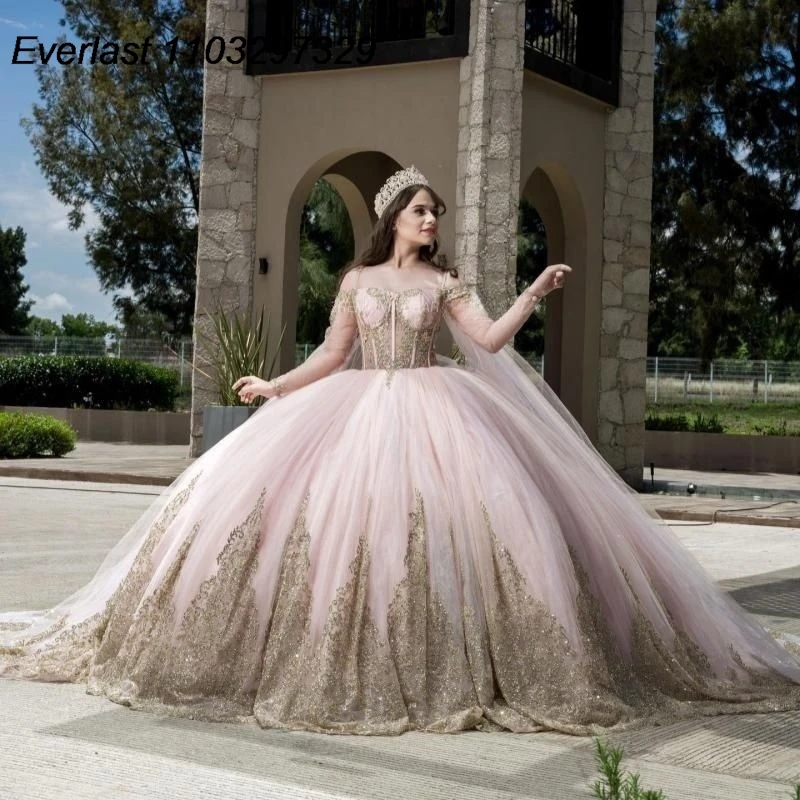 

EVLAST Glitter Pink Quinceanera Dress 2024 Ball Gown Gold Lace Applique Beading With Cape Sweet 16 Vestidos De XV 15 Anos TQD692