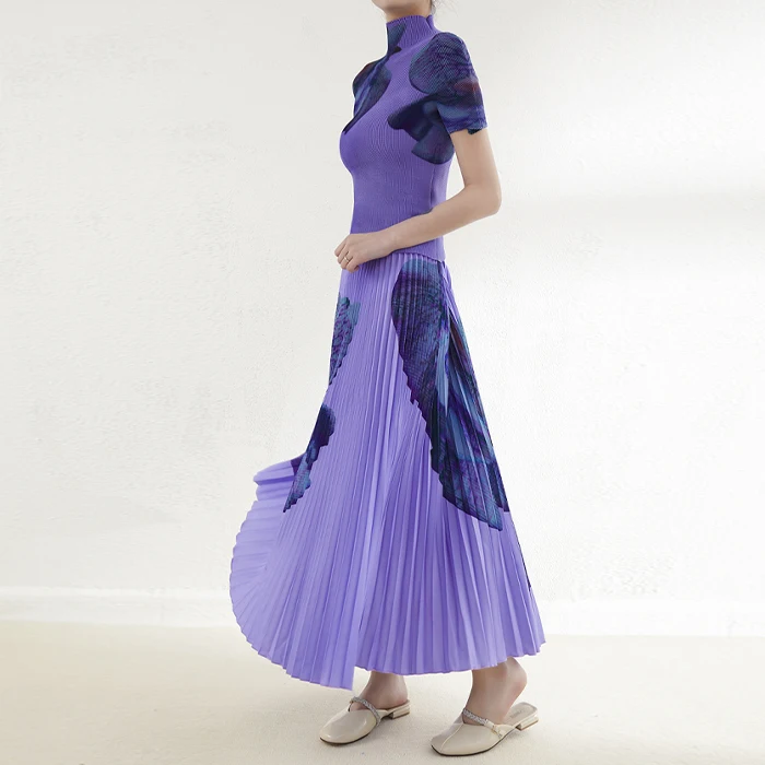 Miyake Summer Ladies Fashion Pink Short Skirt Set Short Sleeve Elastic Waist Flowers Print Pleated Skirt Two Piece
