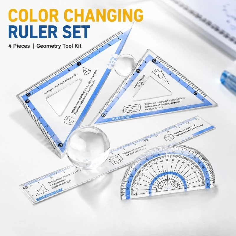 Color‑Changing 4‑Piece Ruler Kit Geometric Formula Printed Measuring Set Exam Drafting Protractor Tools Practical Stationery