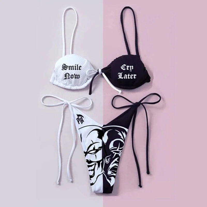 Sexy Gothic Bikini Women Asymmetric Devil Cross Print Bra Thong Swimsuit Split Bathing Suit Lace up Bikinis Punk Swimwear