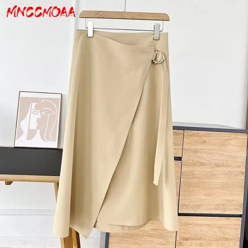 

MNCCMOAA 2024 Summer Women Fashion Solid Asymmetrical Split Simple Midi Skirt Female